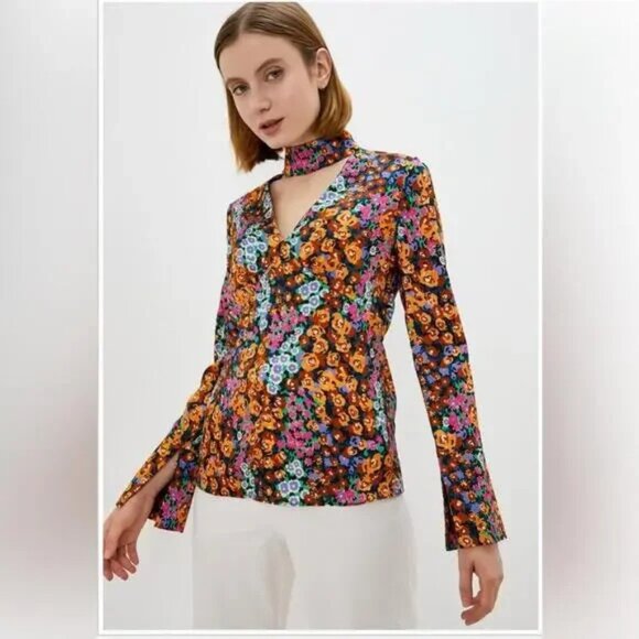 River Island Floral Top NWT S Multicolored Fall Blouse Silk Satin - Picture 3 of 3